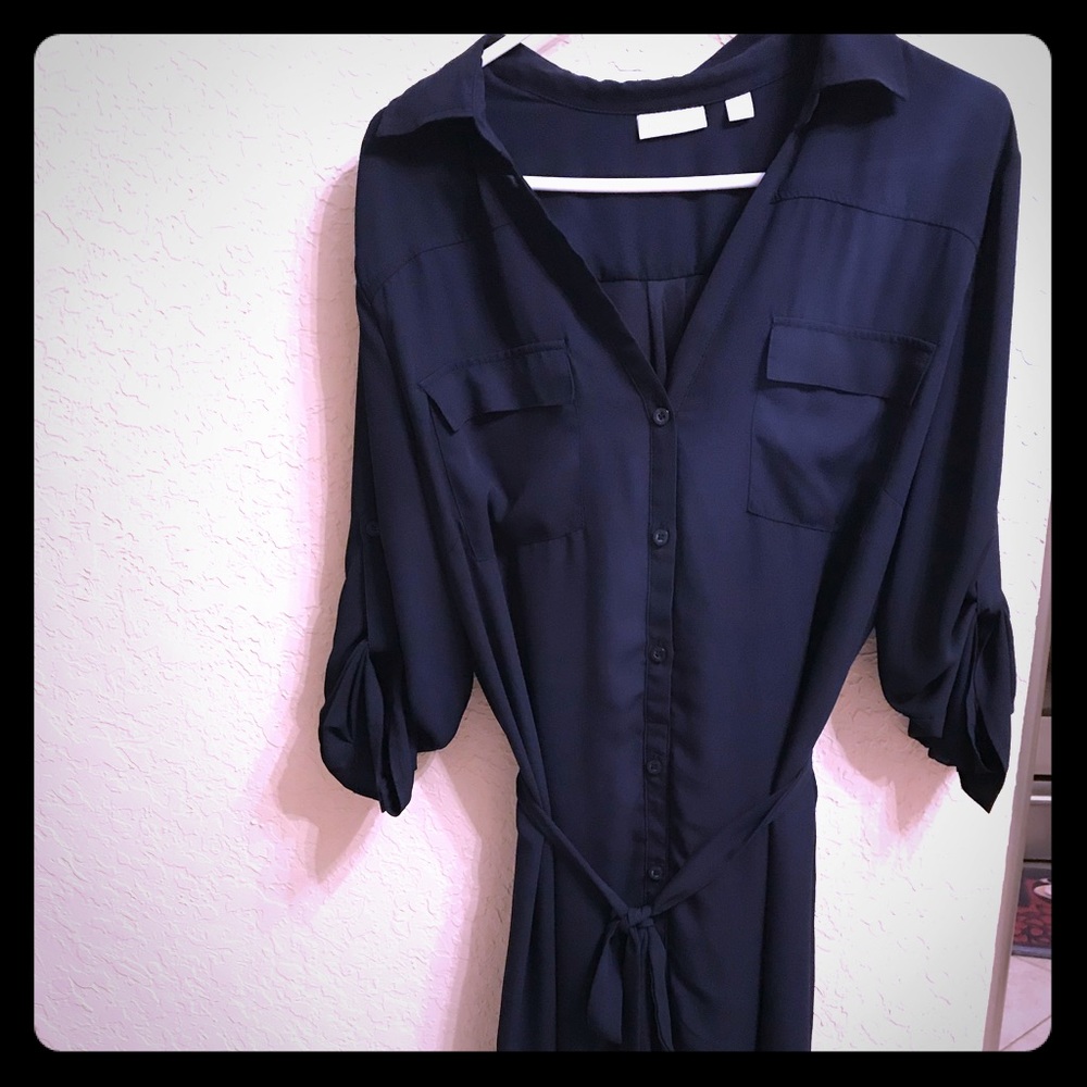 New York & Company Navy Button-Front Shirt Dress